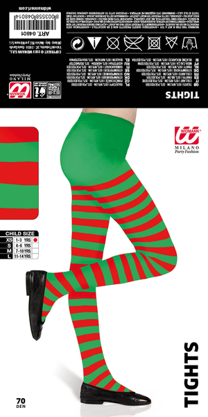 Calze Collant Rigati Parigine Verde/rosso Abito Travestimento Vestito Carnevale - 0480