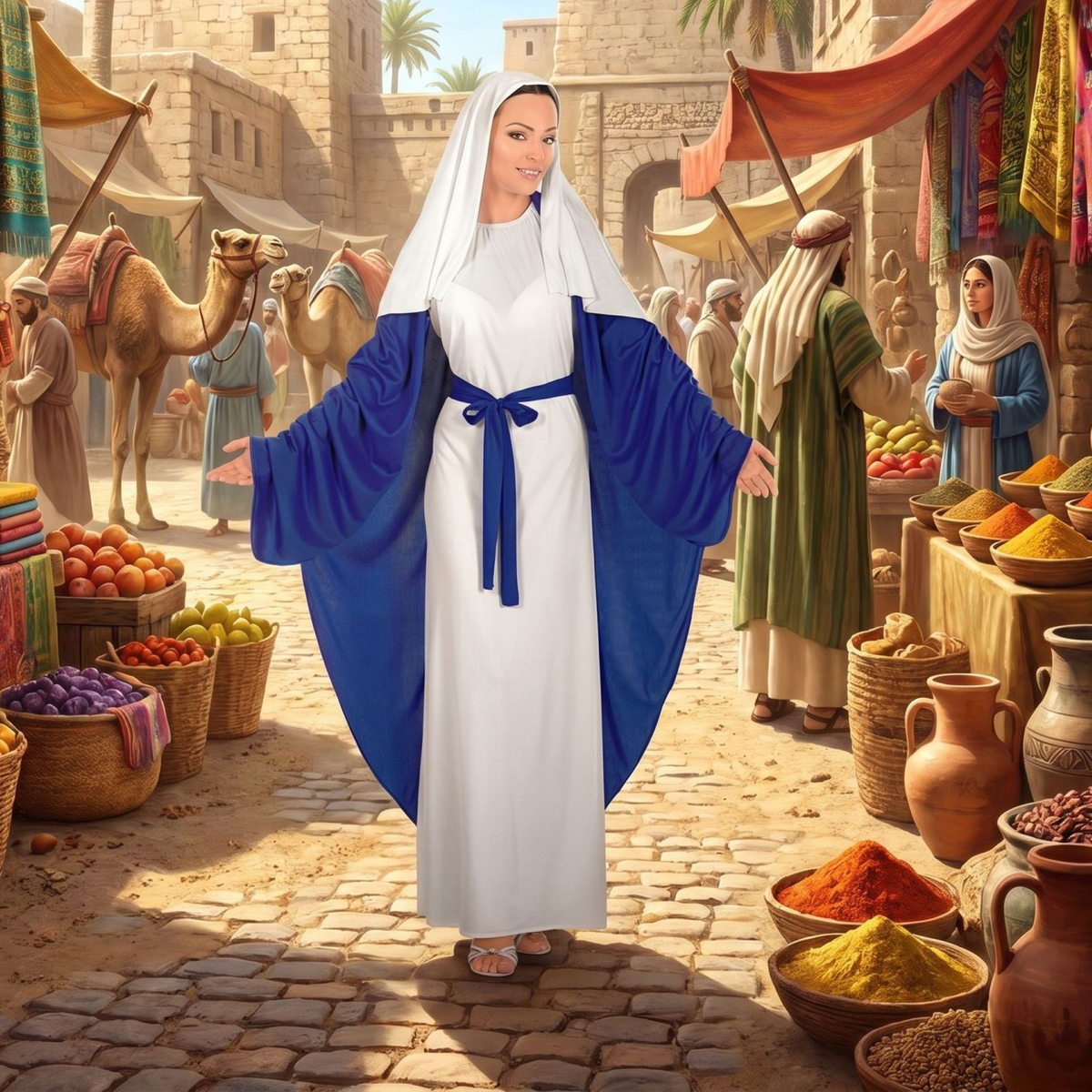 Costume Maria Santissima Tunica Copricapo Travestimento Donna Recita Natale Carnevale Cosplay  5838