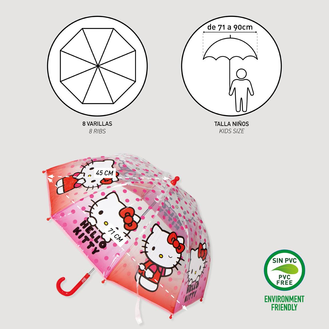 Ombrello a Cupola Hello Kitty Sanrio con Struttura 8 Raggi in Fibra di Vetro Apertura Manuale Sicura - 0860