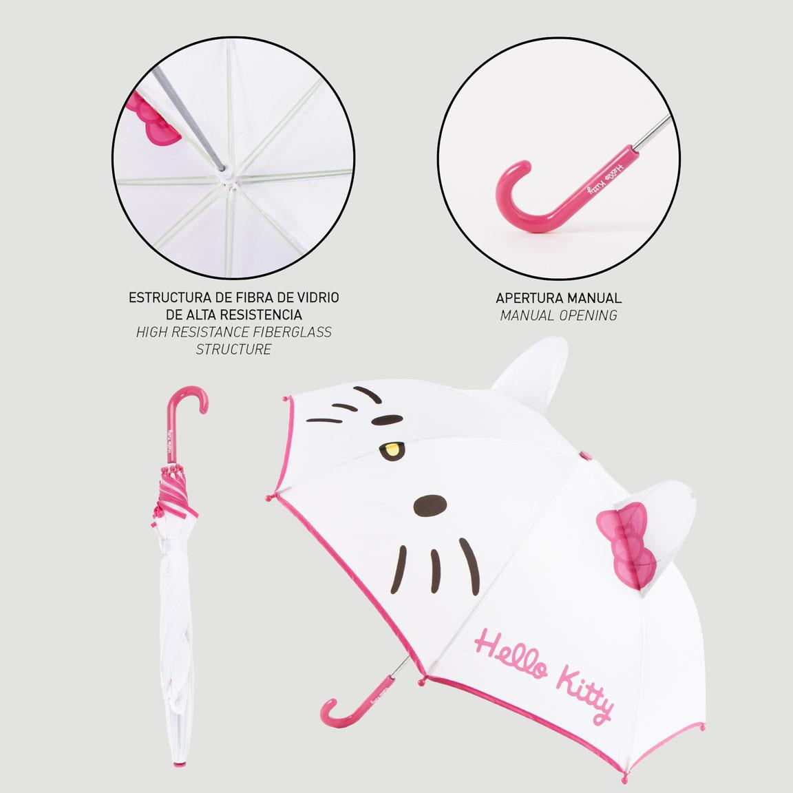 Ombrello Hello Kitty Sanrio Orecchie 3d con Struttura 8 Raggi in Fibra di Vetro Apertura Manuale Sicura - 3262