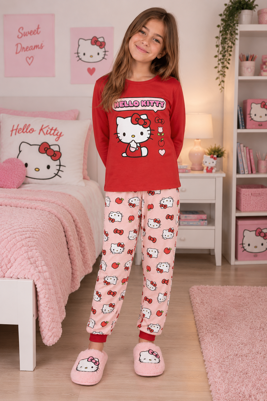 Pigiama Manica Lunga Hello Kitty Sanrio in Misto Cotone Jersey Maglia e Pantaloni - 2957