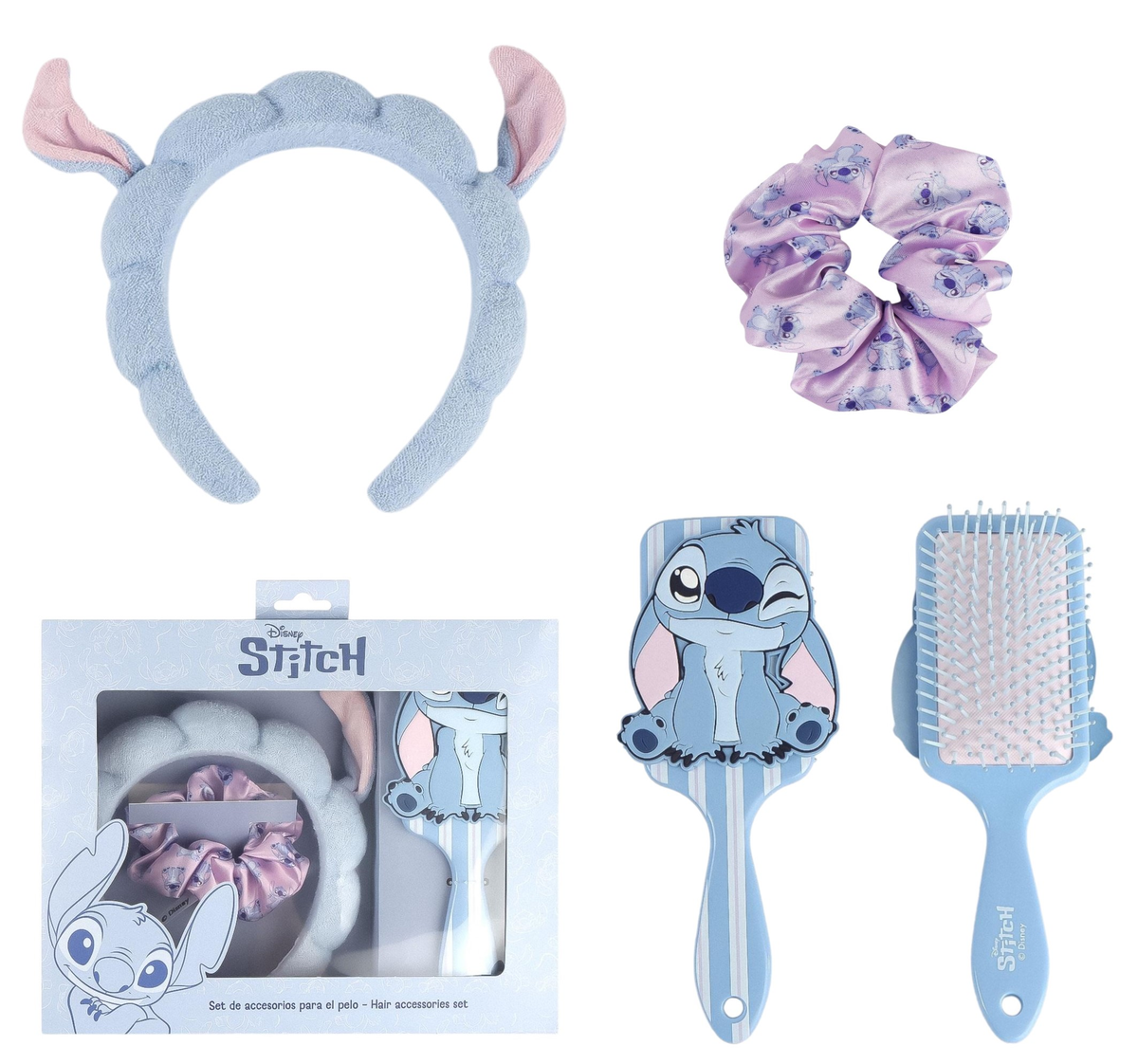 Set Accessori per la Cura Personale Stitch DISNEY Spazzola Cerchietto Scrunchie - 4116