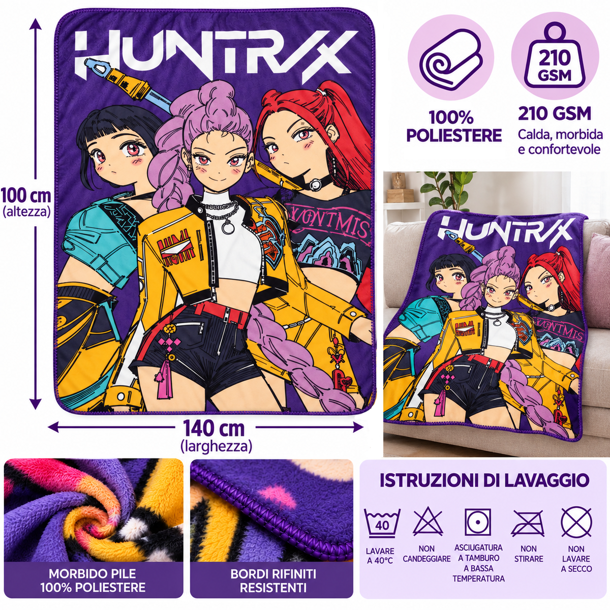 Plaid Kpop Demon Hunters Coperta in Pile 100 X 140 CM Huntrix Rumi Zoey Mira - Kdh2392