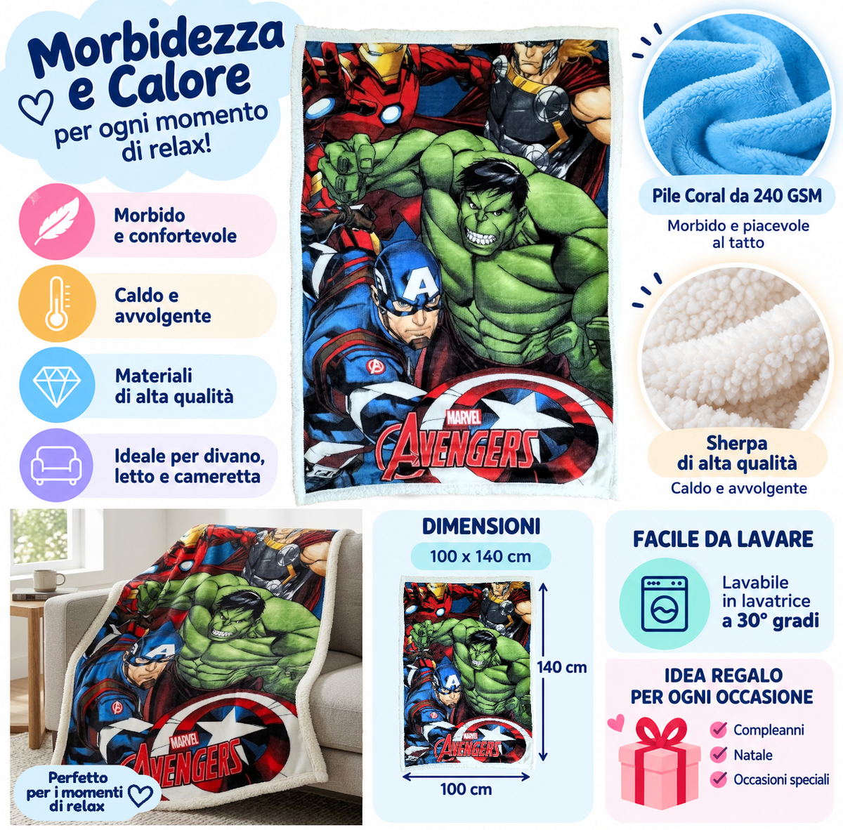 Plaid in Sherpa Avengers MARVEL Coperta Doppio Strato 100 X 140 CM Bambino - Je13517