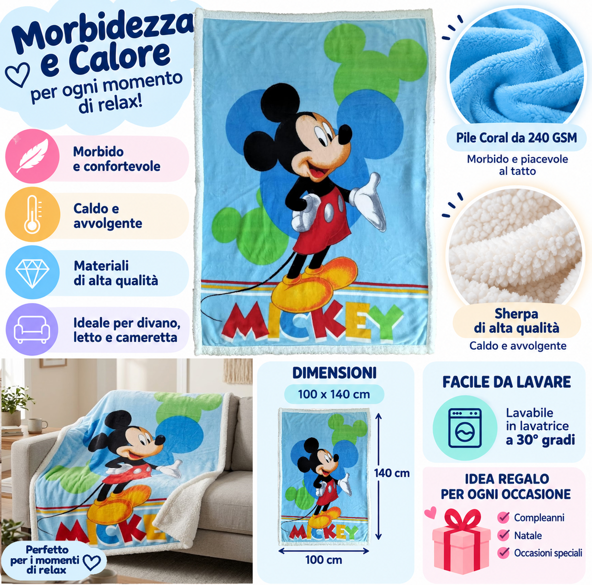 Plaid in Sherpa Topolino DISNEY Coperta Doppio Strato 100 X 140 CM Bambino - Je12440