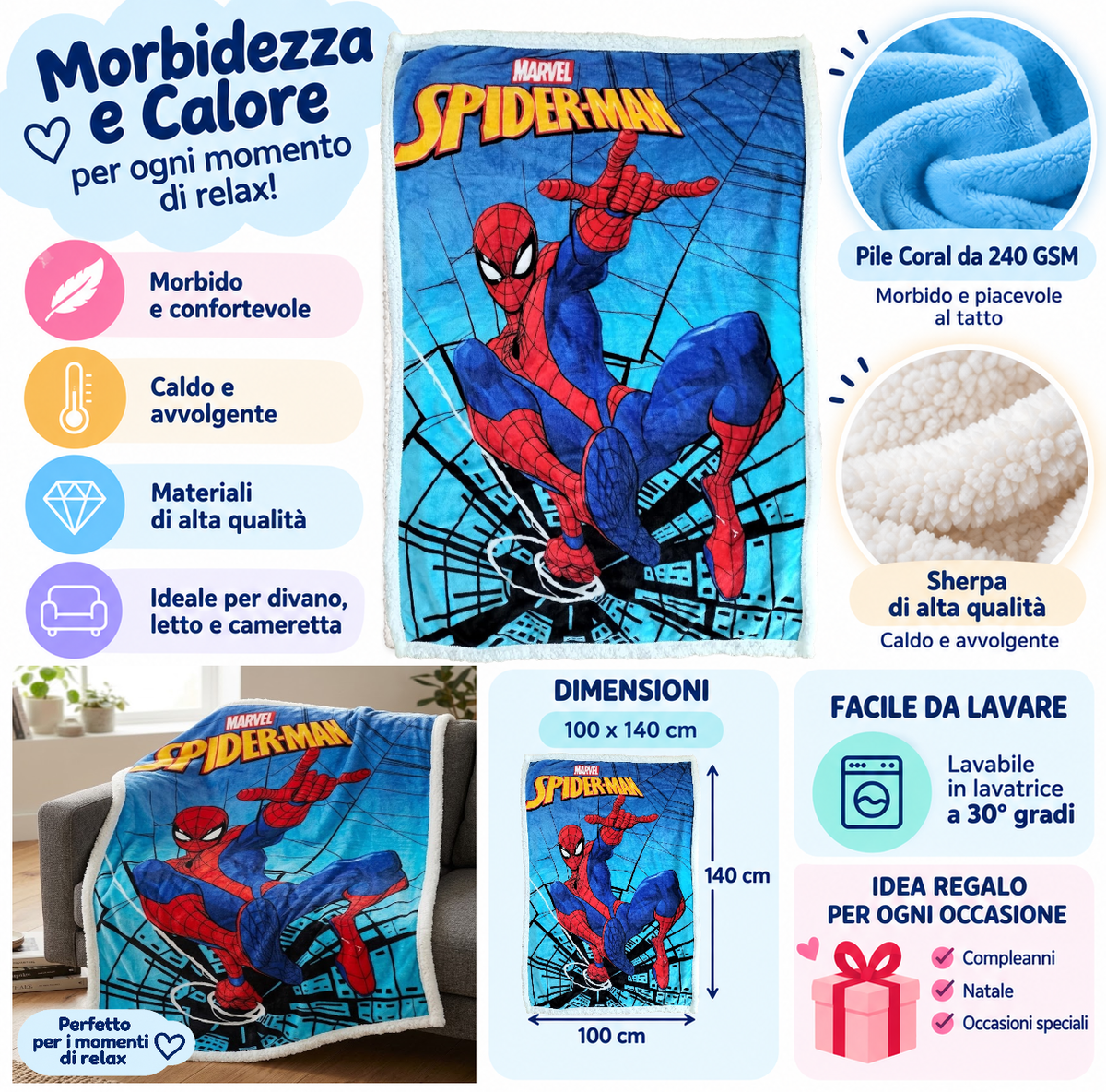 Plaid in Sherpa Spiderman MARVEL Coperta Doppio Strato 100 X 140 CM Bambino - Je13518