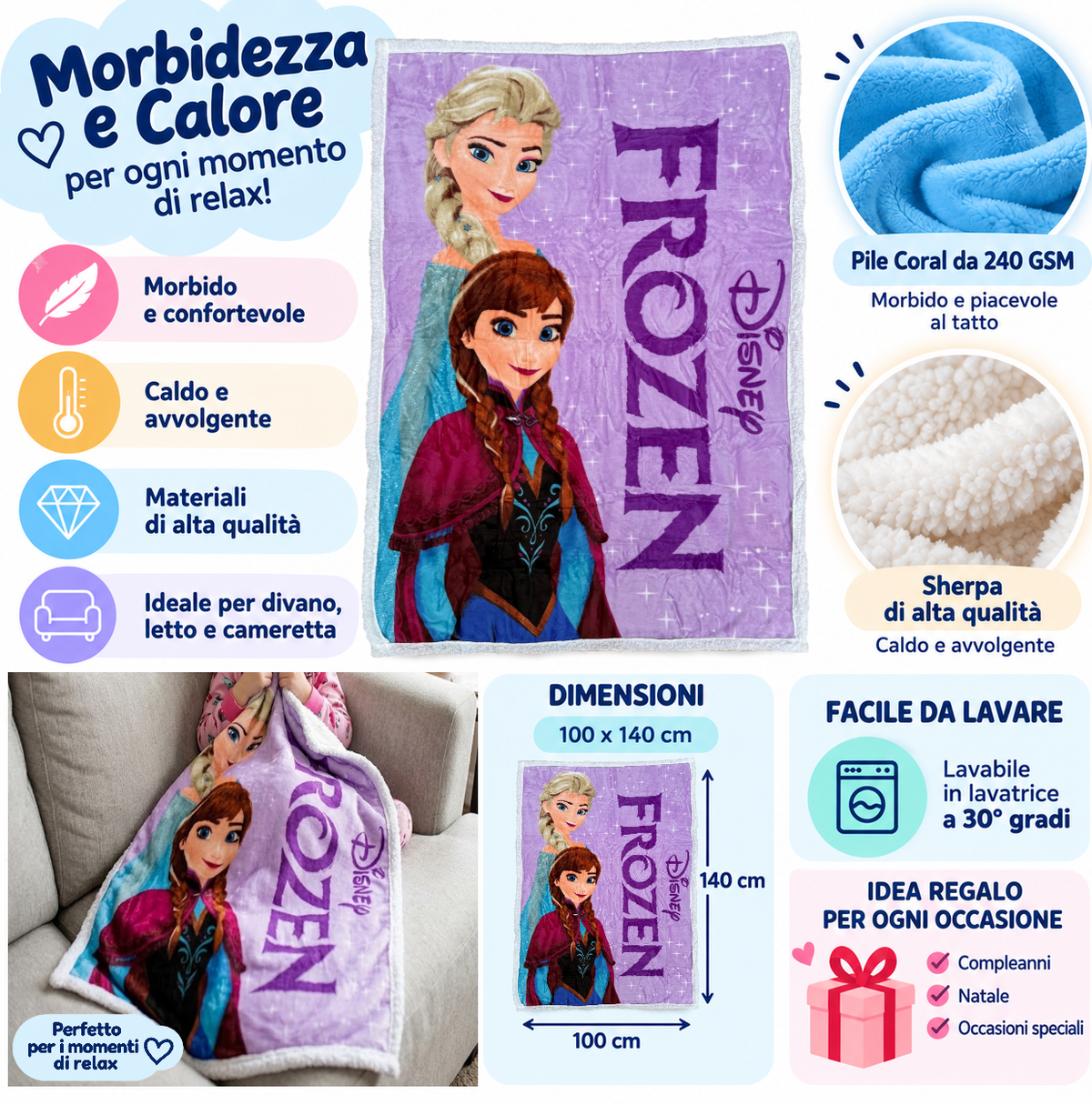Plaid in Sherpa Frozen DISNEY Coperta Doppio Strato 100 X 140 CM Bambina - Je15442gf