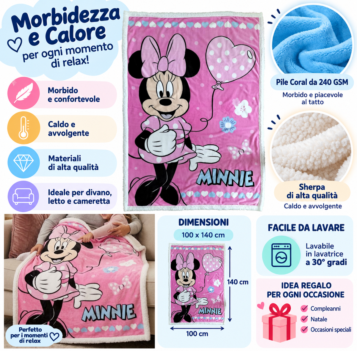 Plaid in Sherpa Minnie DISNEY Coperta Doppio Strato 100 X 140 CM Bambina - Je12441