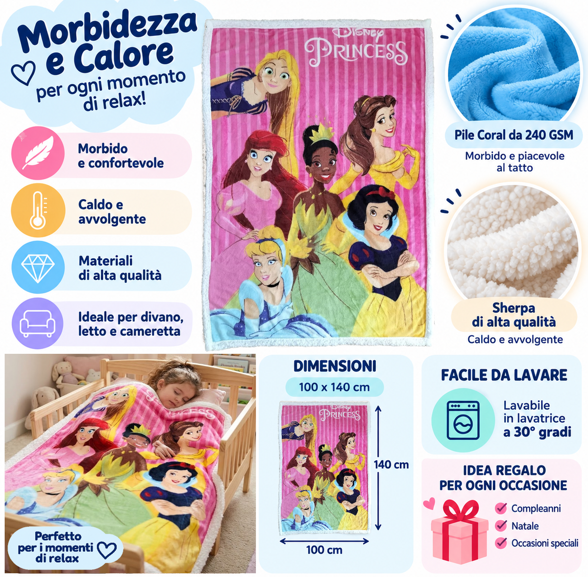 Plaid in Sherpa Principesse DISNEY Coperta Doppio Strato 100 X 140 CM Bambina - Je13519