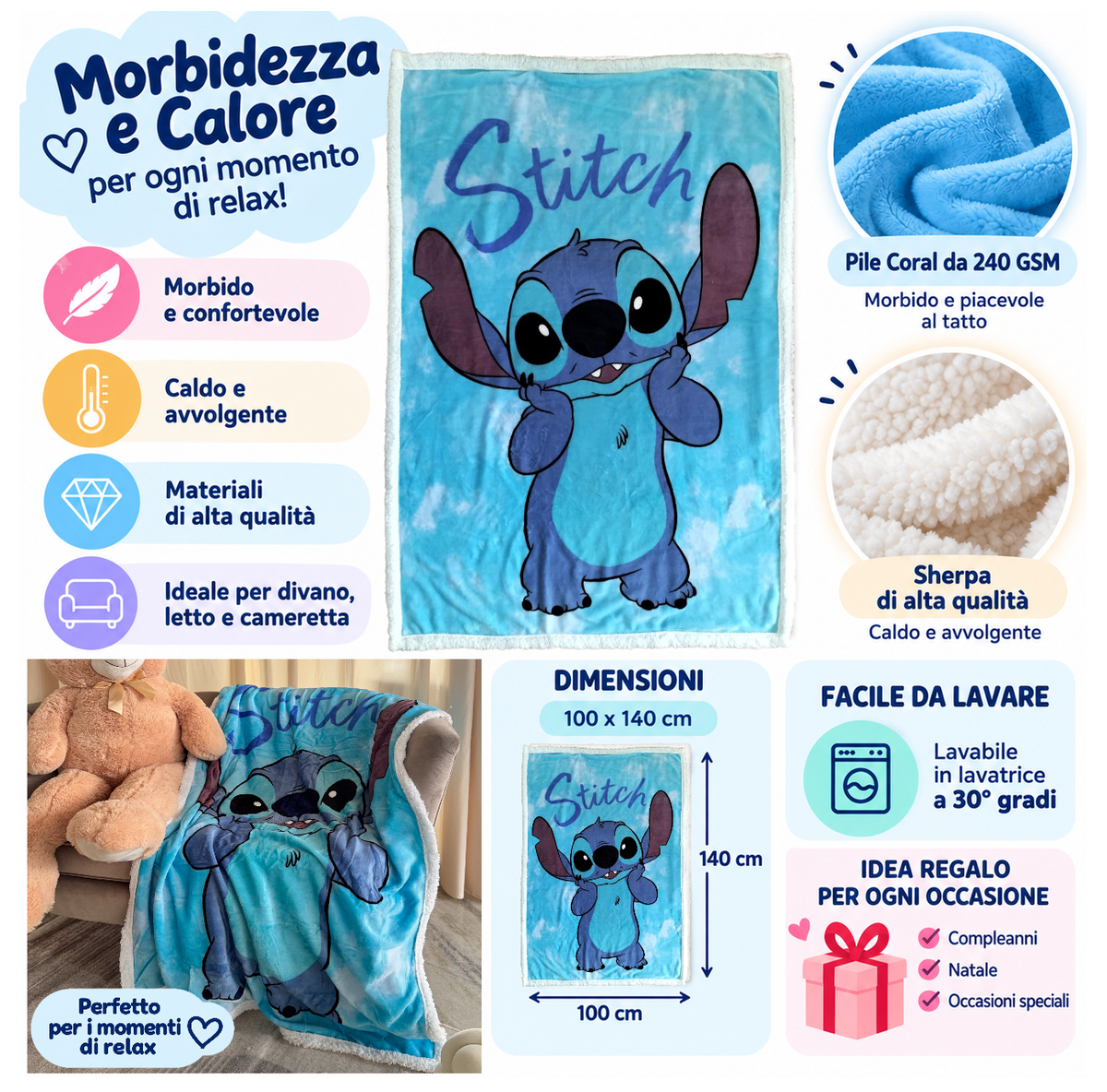 Plaid in Sherpa Stitch Blu DISNEY Coperta Doppio Strato 100 X 140 CM Bambino - Je12443