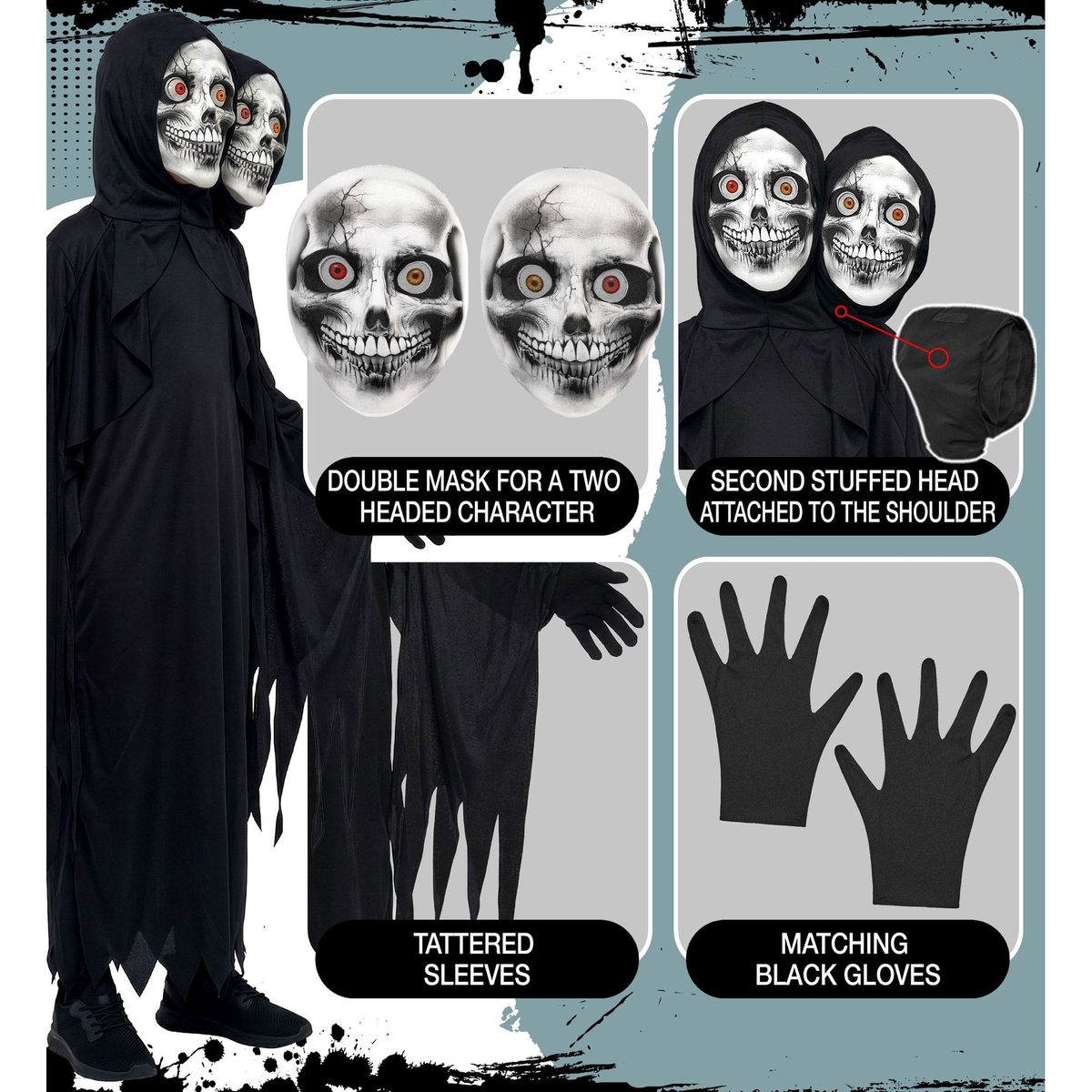 Costume Morte a Due Teste Tunica Maschere Guanti Travestimento Halloween Cosplay Triste Mietitore - 9357