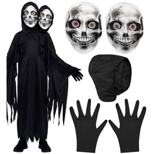 Costume Morte a Due Teste Tunica Maschere Guanti Travestimento Halloween Cosplay Triste Mietitore - 9357