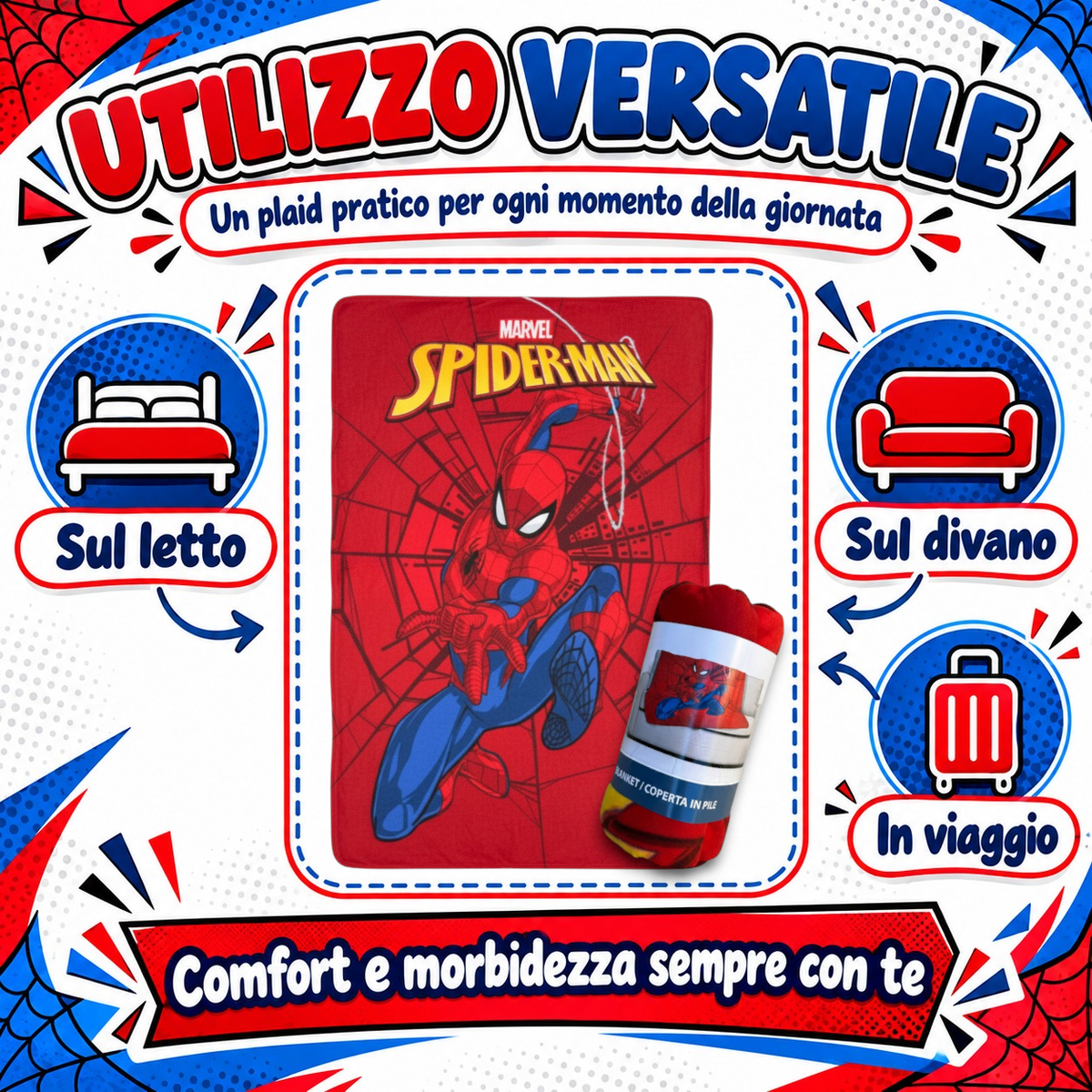 Plaid Spiderman MARVEL Coperta in Pile 220 Gsm 100 X 140 CM per Bambini - Je12229gf