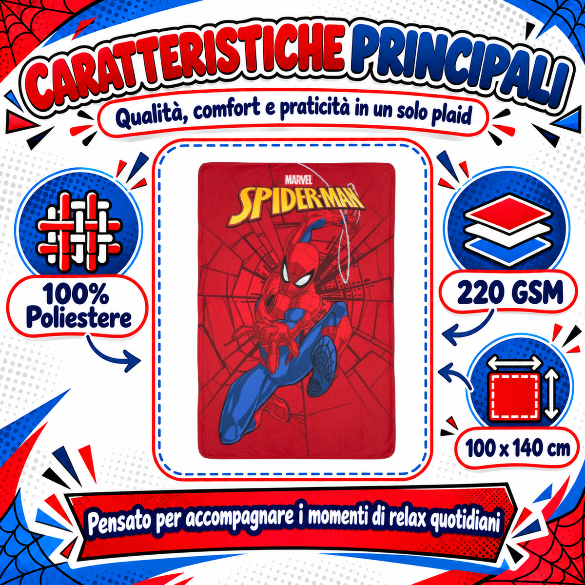 Plaid Spiderman MARVEL Coperta in Pile 220 Gsm 100 X 140 CM per Bambini - Je12229gf