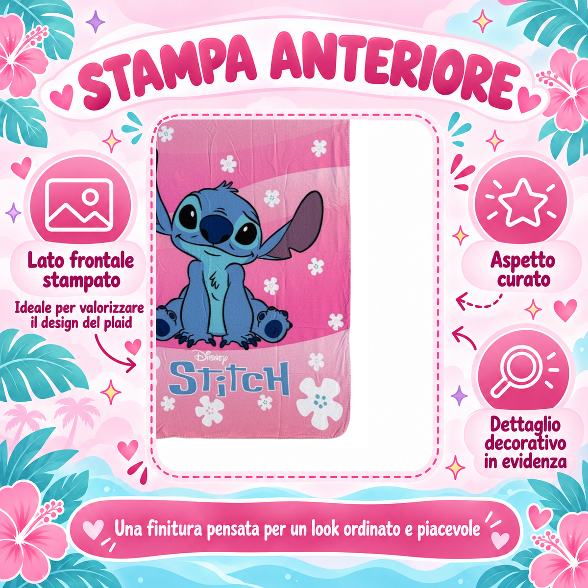 Plaid Stitch Rosa DISNEY Coperta in Pile 220 Gsm 100 X 140 CM per Bambine - Je15476gf