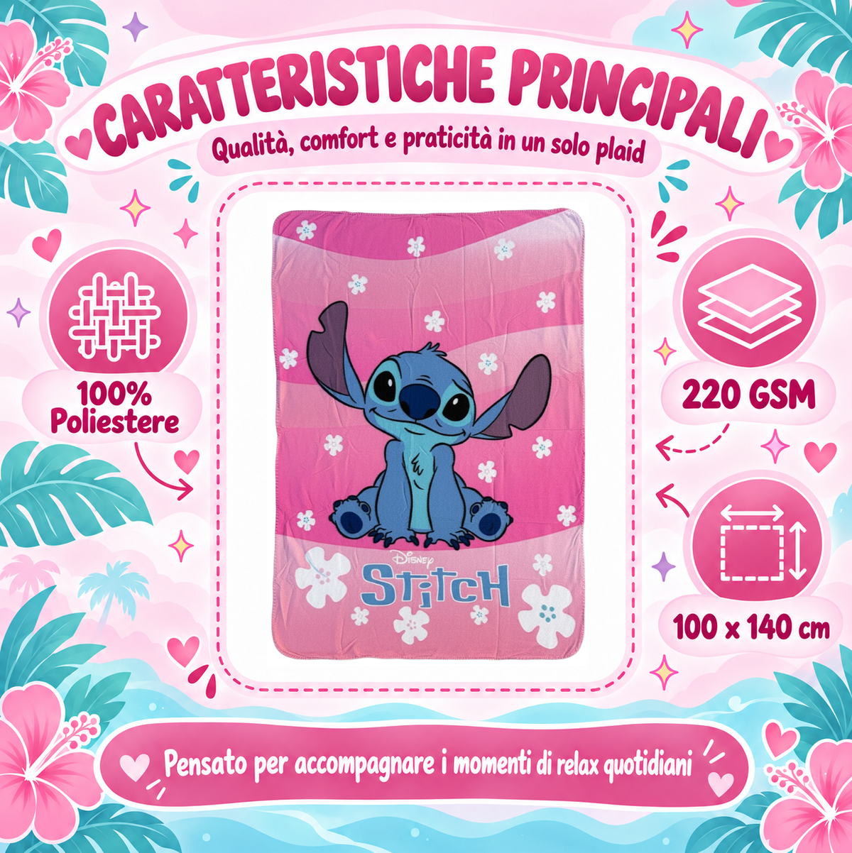Plaid Stitch Rosa DISNEY Coperta in Pile 220 Gsm 100 X 140 CM per Bambine - Je15476gf