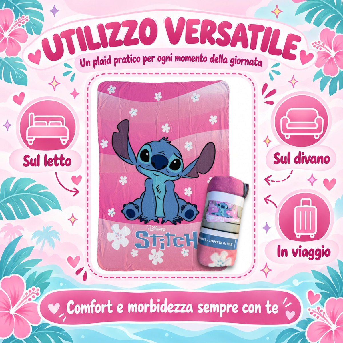 Plaid Stitch Rosa DISNEY Coperta in Pile 220 Gsm 100 X 140 CM per Bambine - Je15476gf