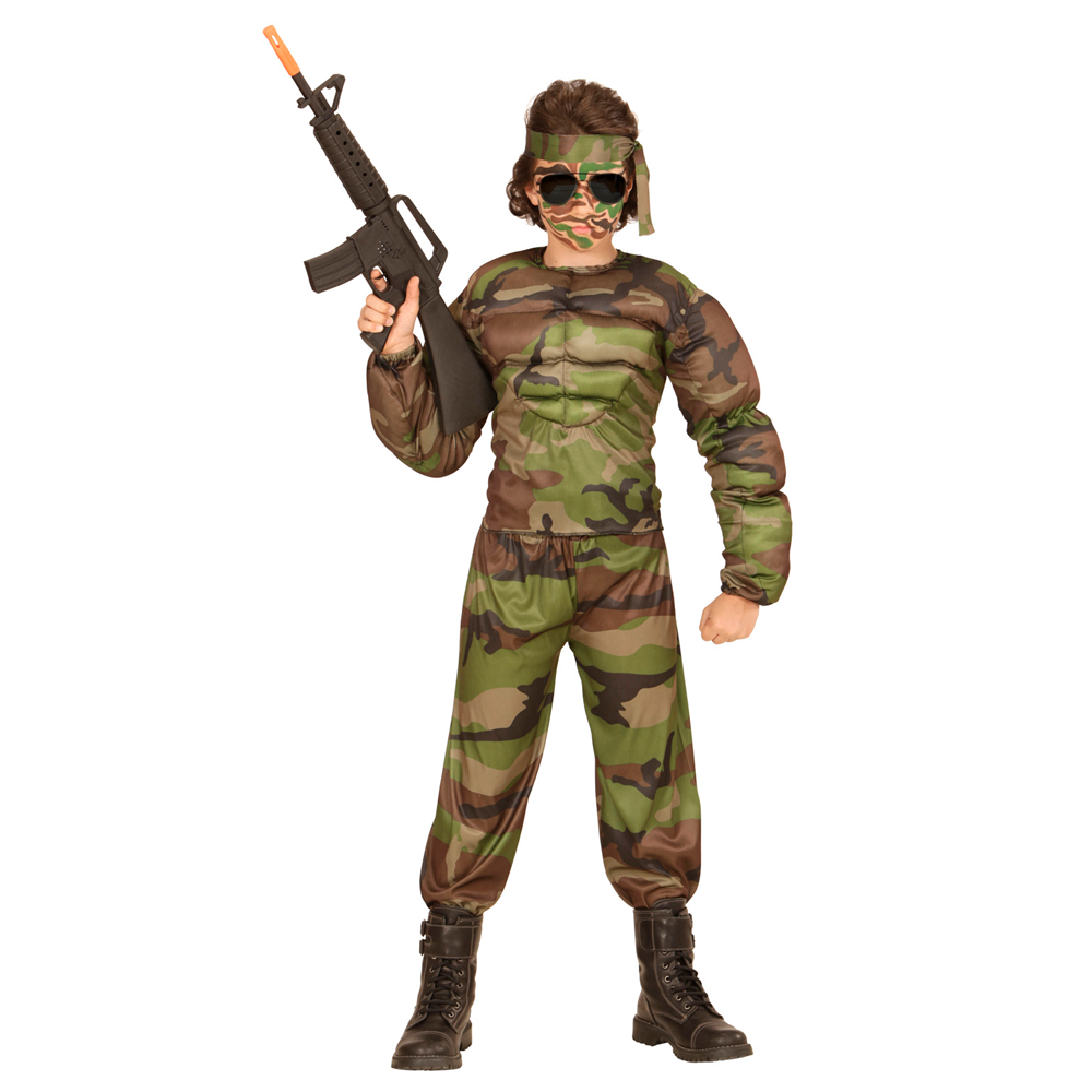 Vestito Carnevale + Accessori Super Soldato Muscoloso Costume Kalashnikov Trucco 11/13 Anni Travestimento - 0051+2781g+02412