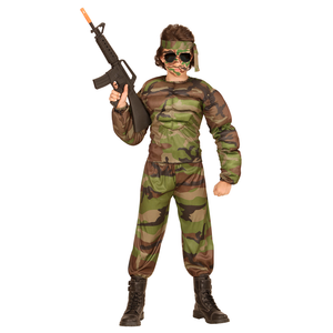 Vestito Carnevale + Accessori Super Soldato Muscoloso Costume Kalashnikov Trucco 11/13 Anni Travestimento - 0051+2781g+02412