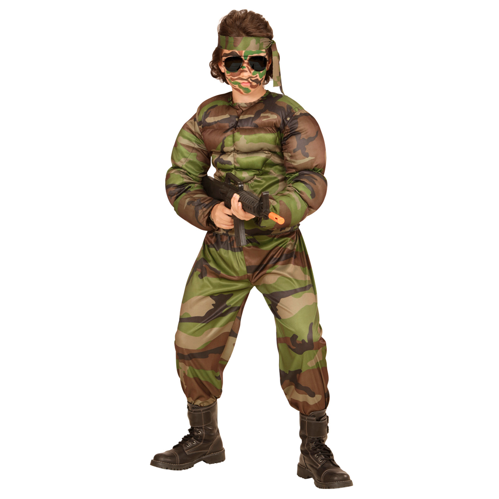 Vestito Carnevale + Accessori Super Soldato Muscoloso Costume Kalashnikov Trucco 5/7 Anni Travestimento - 0051+2781g+02412