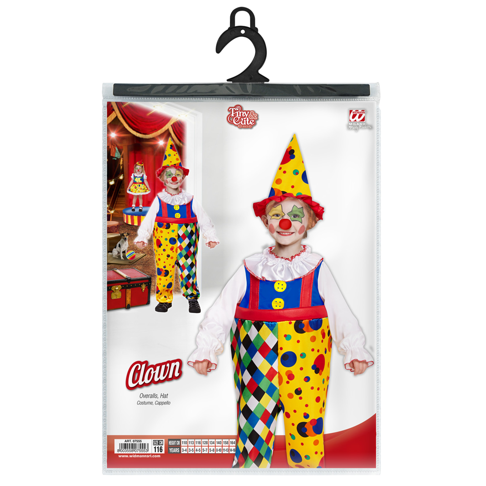 Vestito Carnevale + Accessori Clown Costume Cappello Set Trucco con Naso 2/3 Anni Travestimento - 0755+4044n
