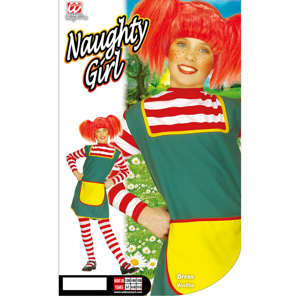 Vestito Carnevale + Accessori Naughty Girl Pippi Costume Parrucca Calze 11/13 Anni Travestimento - 3607+01234+6288m