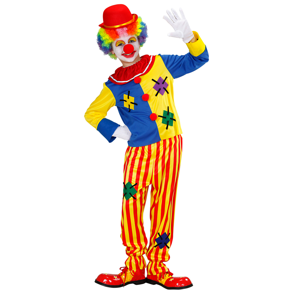 Vestito Carnevale + Accessori Pagliaccio Costume Cappello Parrucca Tromba Set Trucco con Naso 11/13 Anni Travestimento - 7651+32631+2720t+74590+4044n