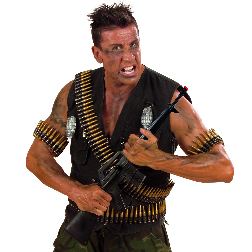 Vestito Carnevale + Accessori Super Soldato Muscoloso Costume Fucile D'assalto Trucco 11/13 Anni Travestimento - 0051+7084m+02412