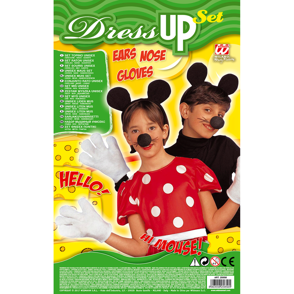 Set Travestimento Topolino Orecchie Naso Guanti Accessori Abito Vestito Carnevale Bambino