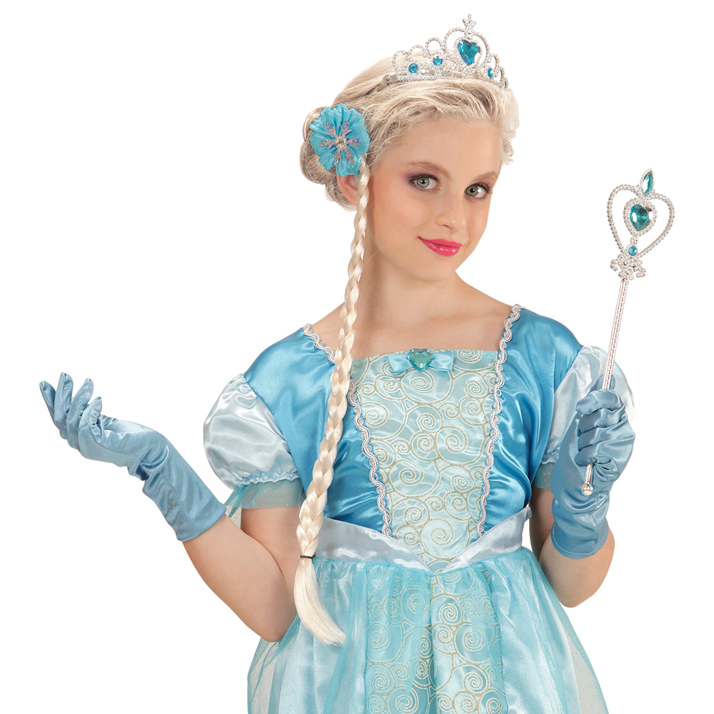 Set Principessa Delle Nevi Corona Bacchetta Guanti Treccia Accessori Abito Vestito Carnevale Bambina