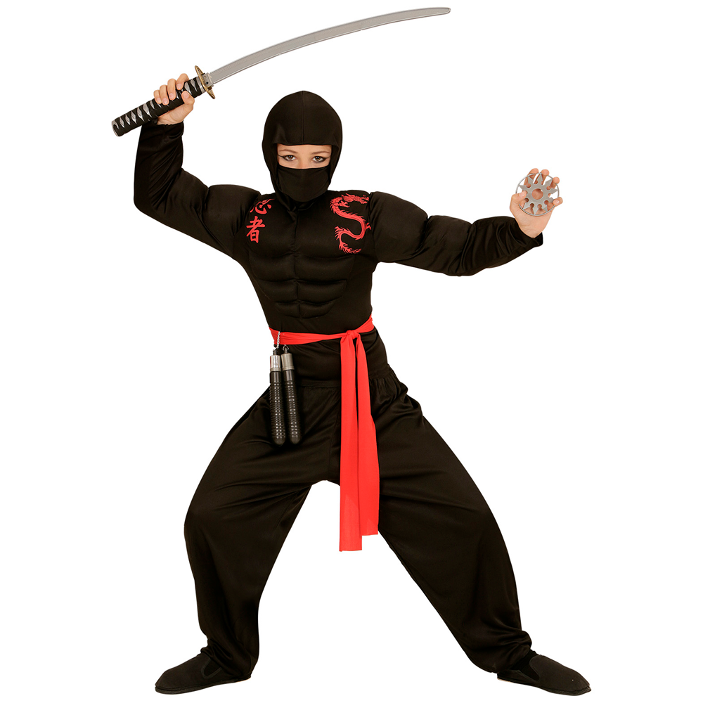 Vestito Carnevale + Accessori Super Ninja Muscoloso Costume Set Armi 8/10 Anni Travestimento - 0052+01205