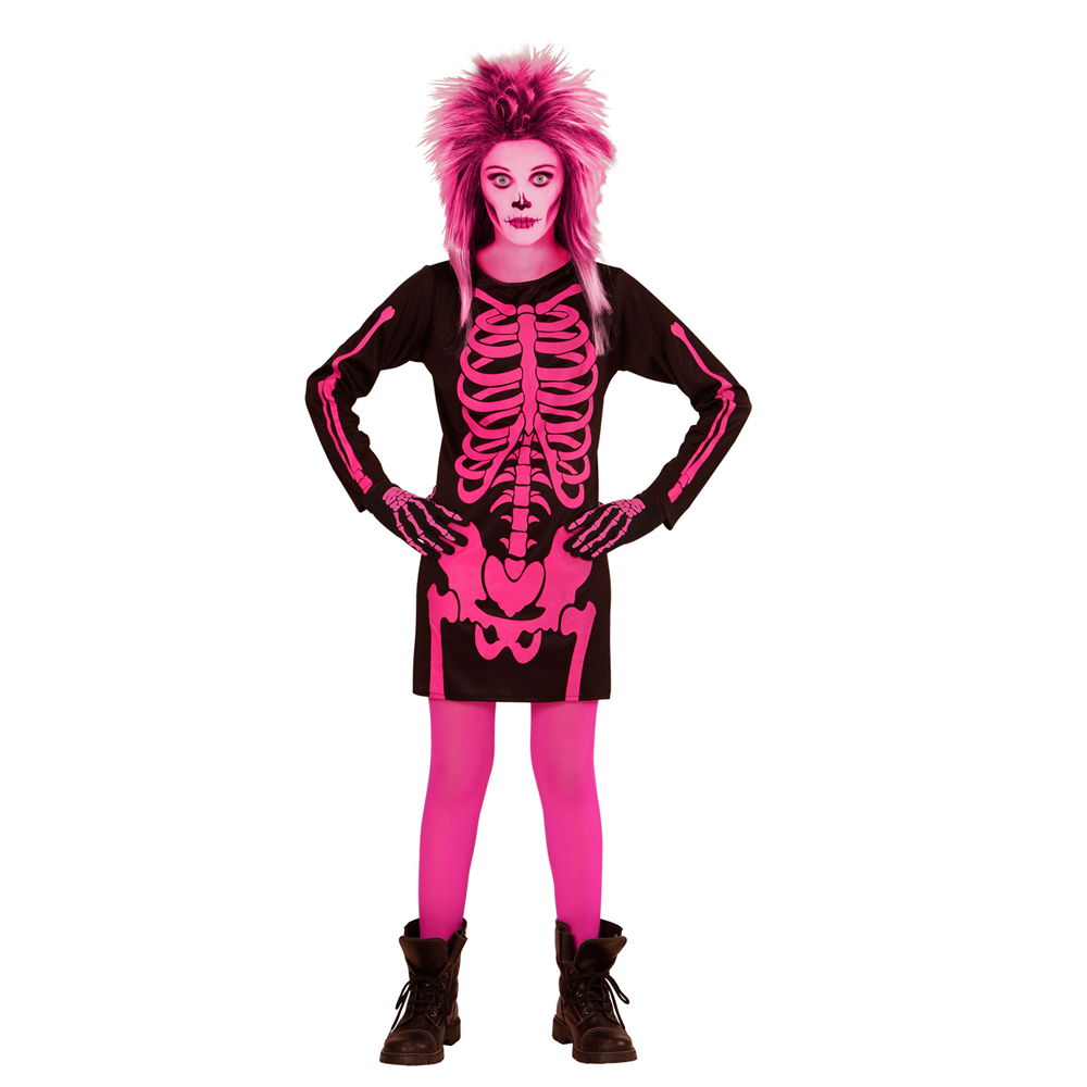 Costume Vestito Abito Travestimento Carnevale Halloween Bambina Scheletro Rosa - 0037