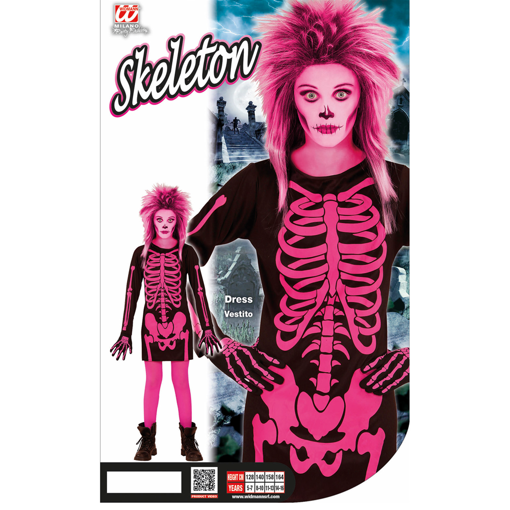 Costume Vestito Abito Travestimento Carnevale Halloween Bambina Scheletro Rosa - 0037