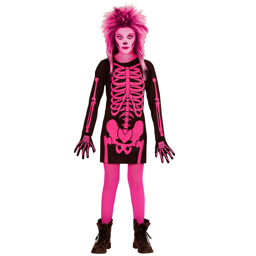 Costume Vestito Abito Travestimento Carnevale Halloween Bambina Scheletro Rosa - 0037