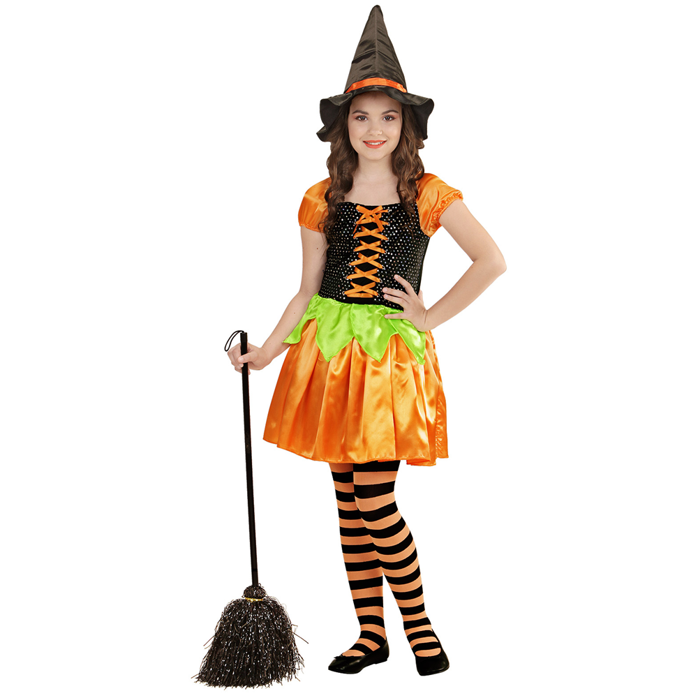 Costume Vestito Abito Travestimento Carnevale Halloween Bambina Strega Zucca Paillettes - 4904