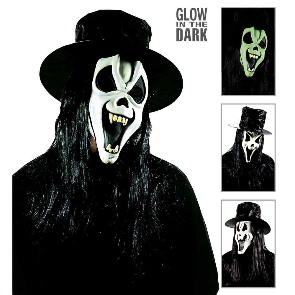 Maschera Mr.ghost Fosforescente con Cappello e Capelli Vari Modelli Accessori Vestito Carnevale Halloween Bambino