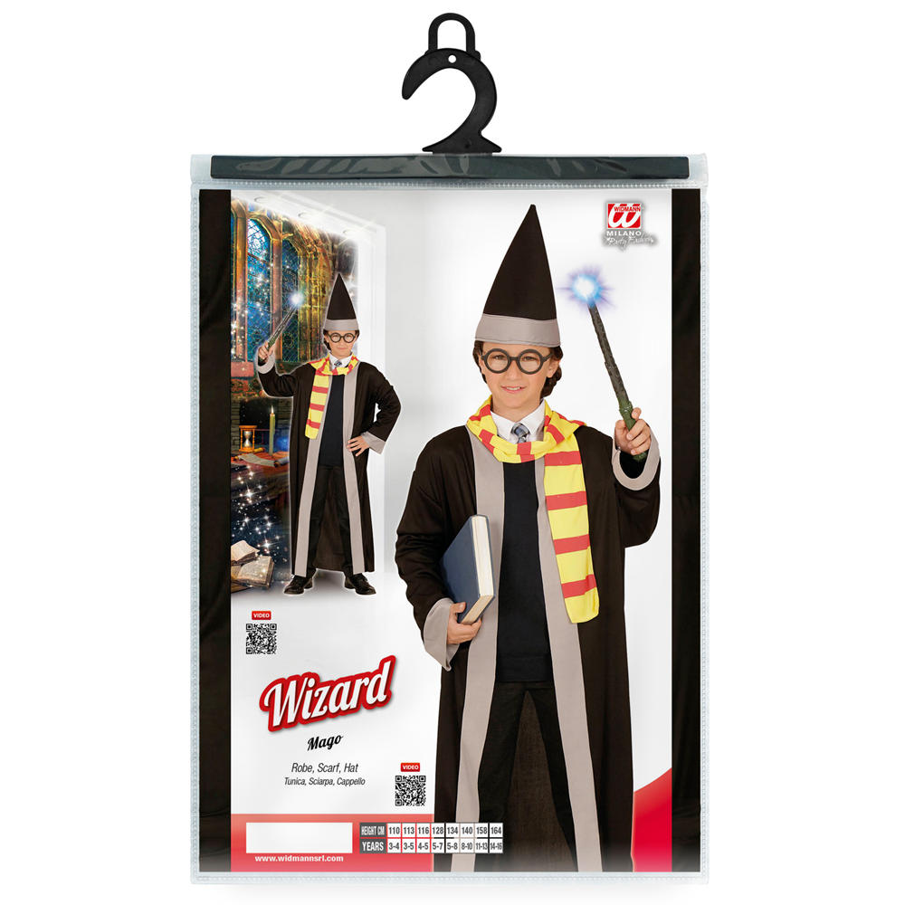 Vestito Carnevale + Accessori Mago Costume Cappello Occhiali Bacchetta Travestimento (5/7 Anni)