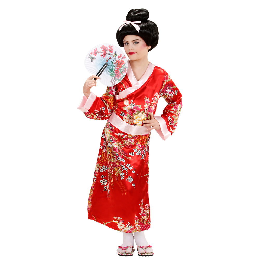 Vestito Carnenale + Accessori Geisha Bambina Giapponese Kimono Parrucca 11/13 Anni Travestimento - 7653+01509