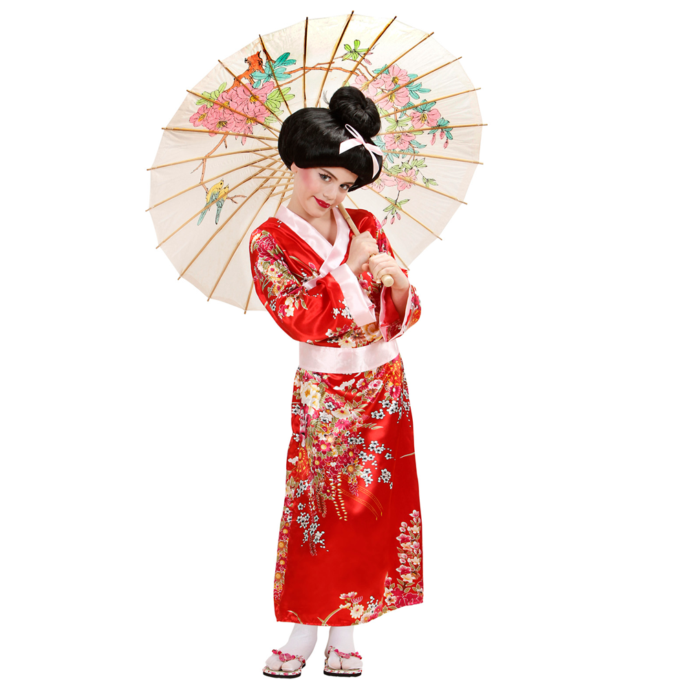 Vestito Carnenale + Accessori Geisha Bambina Giapponese Kimono Parrucca 8/10 Anni Travestimento - 7653+01509