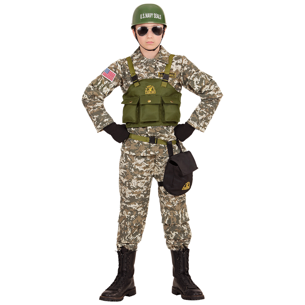 Vestito Carnevale + Accessori Soldato Navy Seals Costume Elmo Fucile D'assalto 8/10 Anni Travestimento - 9684+7084m