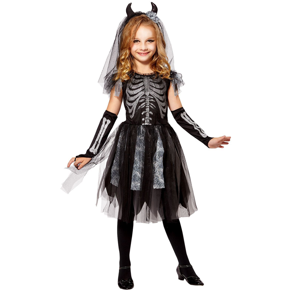 Costume Vestito Abito Travestimento Carnevale Halloween Cosplay Bambina Sposa Scheletro - 0748