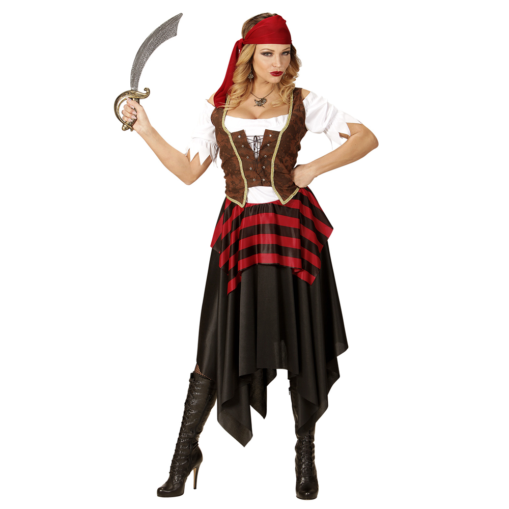 Vestito Carnevale + Accessori Piratessa Adulto Vestito Sciabola Calze Tg. Xs Travestimento - 0562 Adulto+7007b+4750r