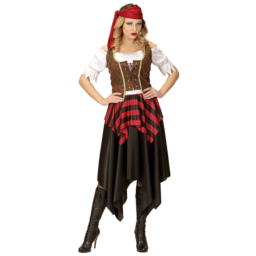 Vestito Carnevale + Accessori Piratessa Adulto Vestito Sciabola Calze Tg. Xs Travestimento - 0562 Adulto+7007b+4750r