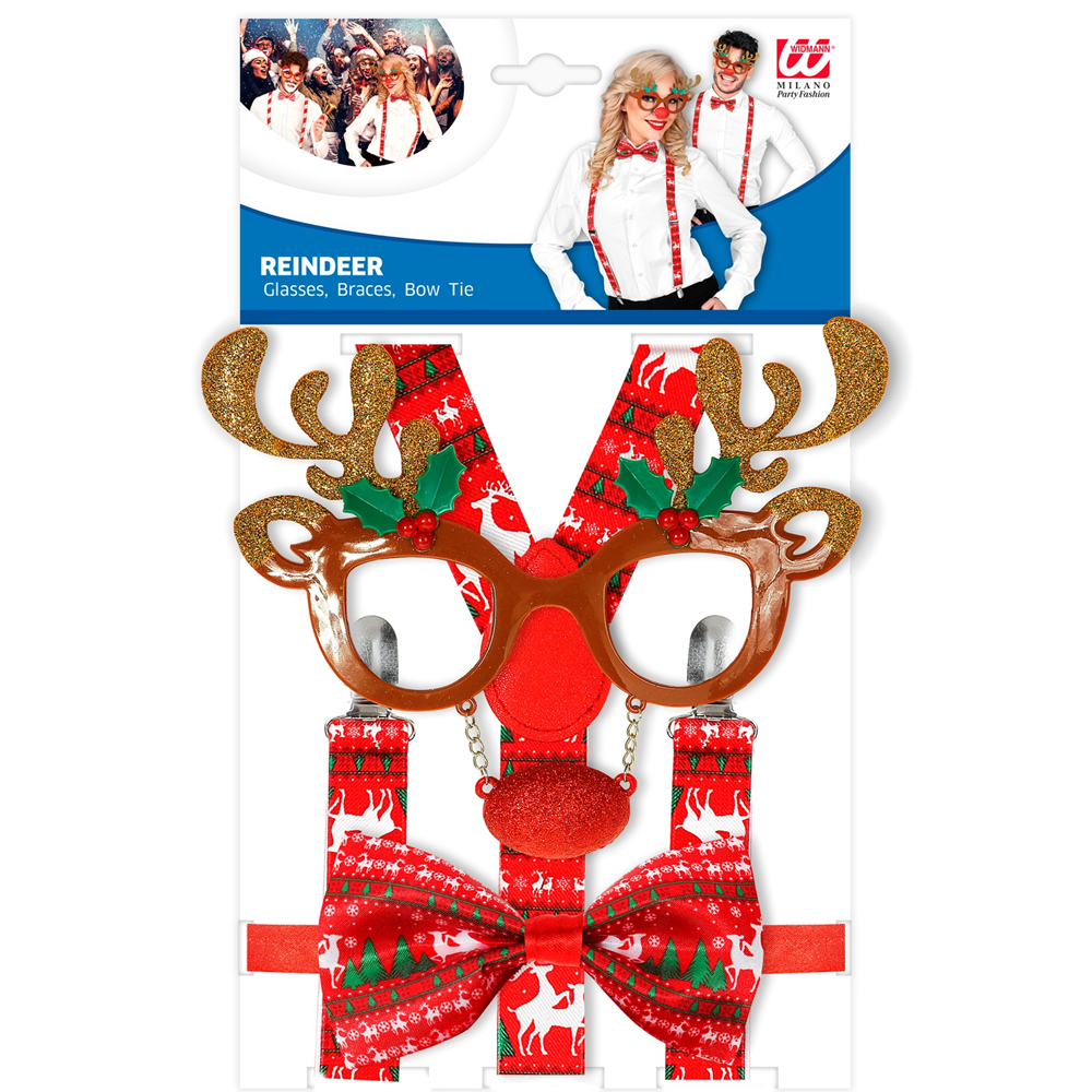 Set Travestimento - Renna- Occhiali, Bretelle, Papillon - Accessori Abito Vestito Carnevale Adulto