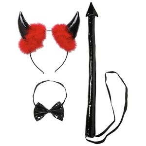 Set Travestimento - Diavolo Nero in Vinile - Corna, Papillon  e Coda - Accessori Abito Vestito Carnevale Adulto