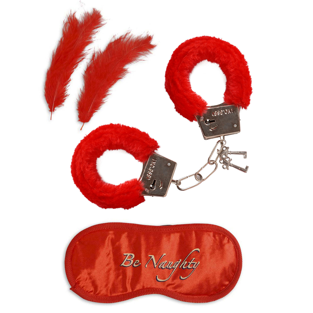 Set Manette in Peluche, Mascherina e 2 Piume - Articolo Sexy per Amanti O Scherzi - 4800l