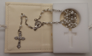 Rosario con Scatola in Pelle e Argento Bomboniera Panna Cm. 9x5x2 - 2868000