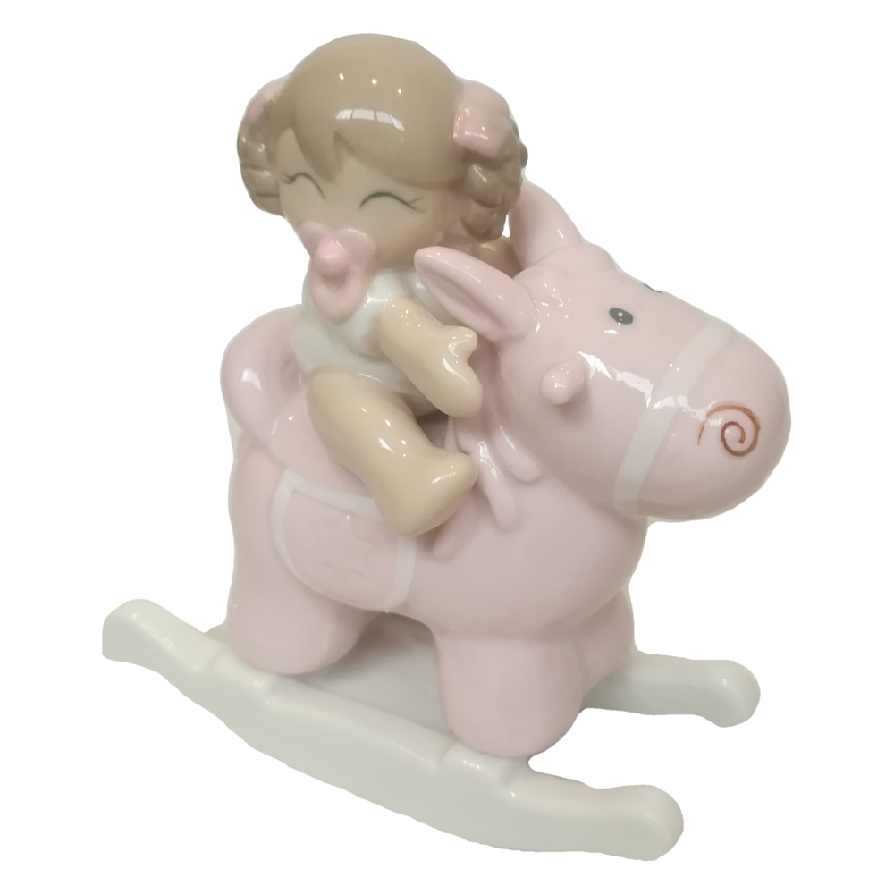 Bomboniera Statuina Bimba con Cavallo a Dondolo in Porcellana Ilary Queen - Iq3236