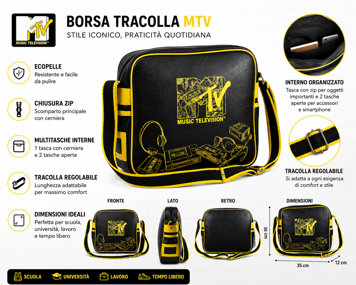 Tracolla Trasversale Scuola e Tempo Libero Mtv Cm. 35x30x12- 151455