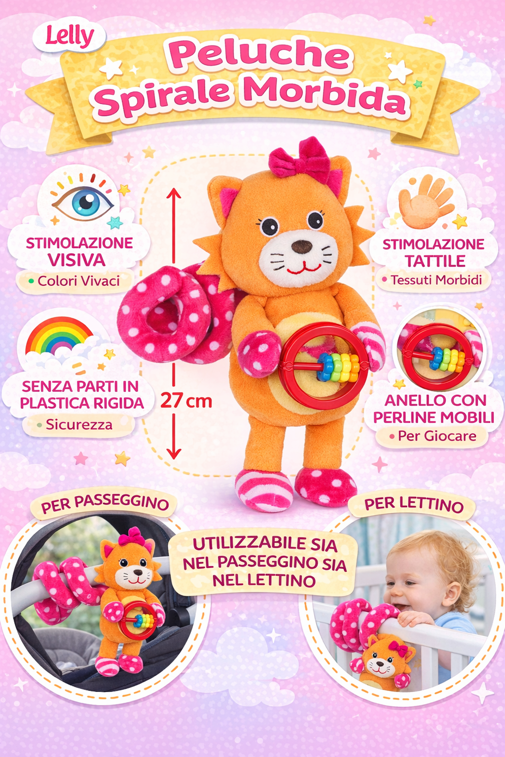 Peluche Leone Activity Femminuccia con Giochi per Carrozzina Cm.27 Venturelli - 785104
